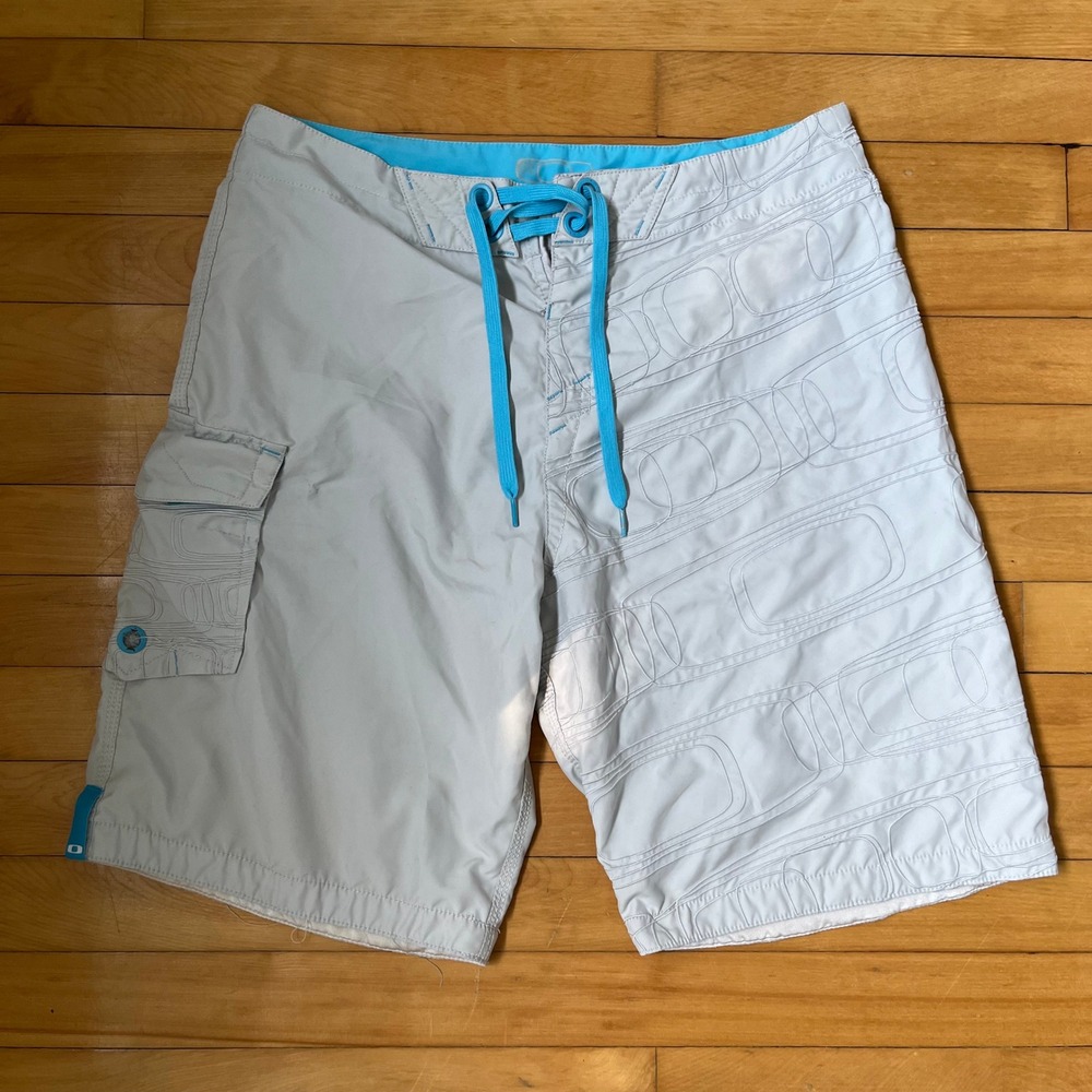Oakley Mens Board Shorts Size 34 Gray Cyan Blue Geometric Embossed Cargo Swim